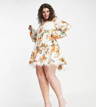 ASOS DESIGN Curve lace insert tiered mini dress with trim detail in floral print