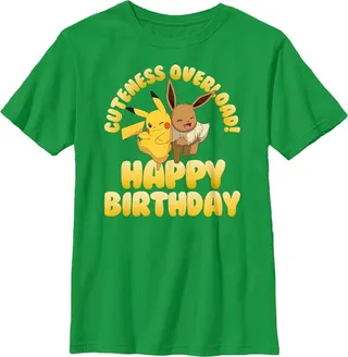 Boy's Pokemon Pikachu and Eevee Cuteness Overload Happy Birthday T-Shirt - Kelly Green - X Large