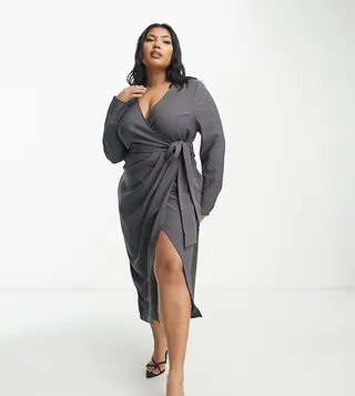 ASOS DESIGN Curve v neck midi dress with twist wrap detail in charcoal