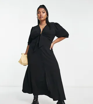 ASOS DESIGN Curve tie front button through midi dress in black
