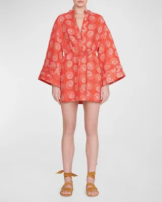 Karlee Linen Faux-Wrap Mini Kimono Dress