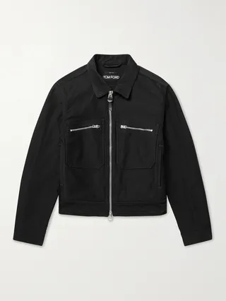 Leather-Trimmed Cotton-Twill Jacket