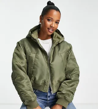 ASOS DESIGN Petite cropped bomber jacket in khaki