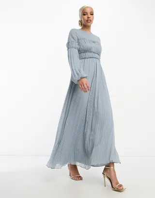 ASOS DESIGN textured chiffon pleat maxi dress with frill seam detail in pale blue