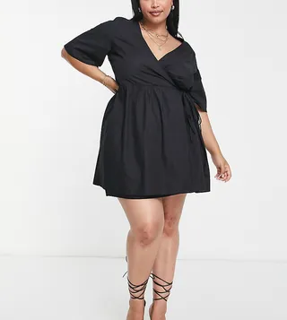 ASOS DESIGN Curve smock tie waist wrap mini dress in black