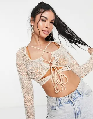 ASOS DESIGN crochet lace top with ruching in stone