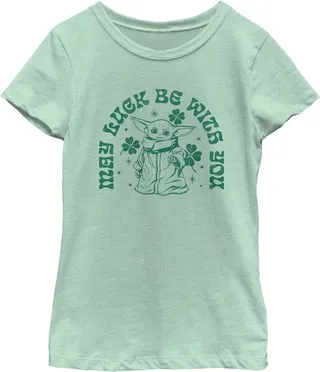 Girl's Star Wars: The Mandalorian St. Patrick's Day Grogu May Luck be with You Retro T-Shirt - Mint - Large