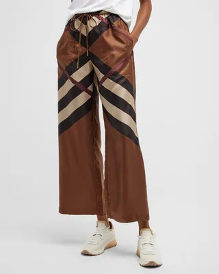 Noemi Check Silk Wide-Leg Ankle Pull-On Pants