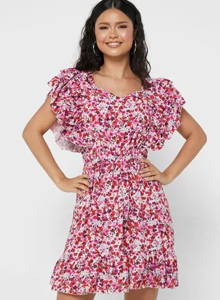 Puff Sleeve Printed Ruffle Detail Dress