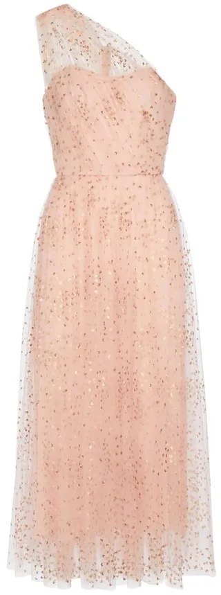 One-shoulder tulle midi dress