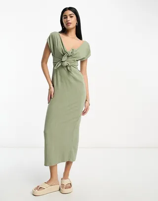 ASOS DESIGN v-neck linen double bow detail pencil midi dress in khaki