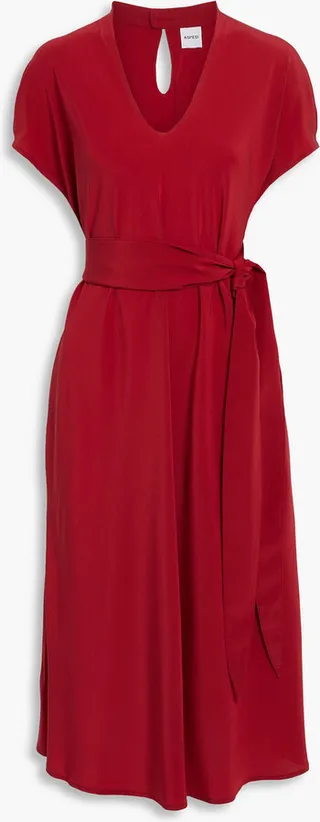Belted silk crepe de chine midi dress