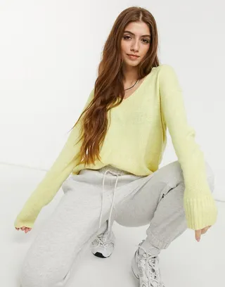 JDY soft ribbed v neck sweater in pale yellow