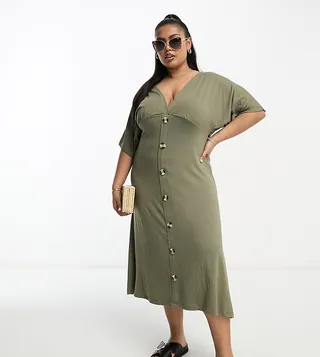 ASOS DESIGN Curve flutter sleeve midi tea dress with buttons in khaki