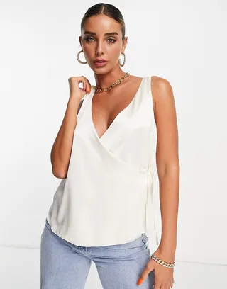 ASOS DESIGN V-neck wrap front satin cami with tie side in ivory