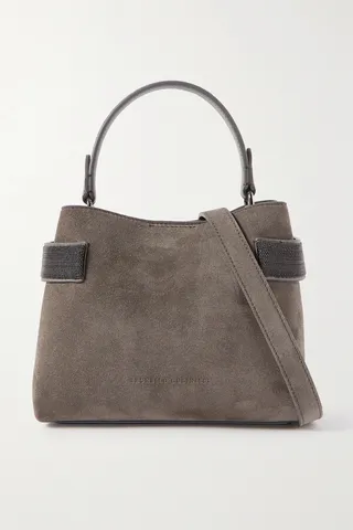 Brunello Cucinelli - Bead-embellished Suede Shoulder Bag - Gray