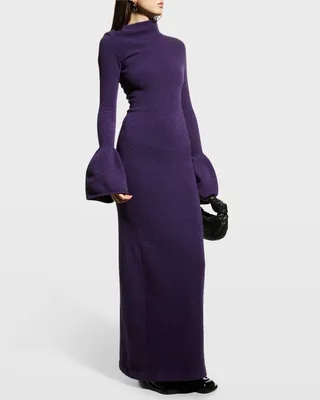 Flare-Cuff Wool Knit Maxi Dress