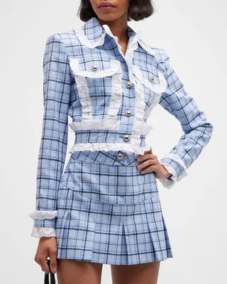 Checked Cotton-Wool Lace-Trim Jacket