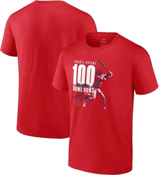 Men's Fanatics Branded Shohei Ohtani Red Los Angeles Angels 100th Career Home Run T-shirt