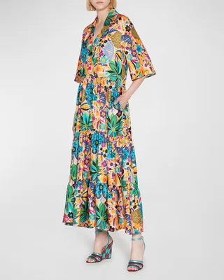 J Floral-Print Tiered Silk Maxi Shirtdress