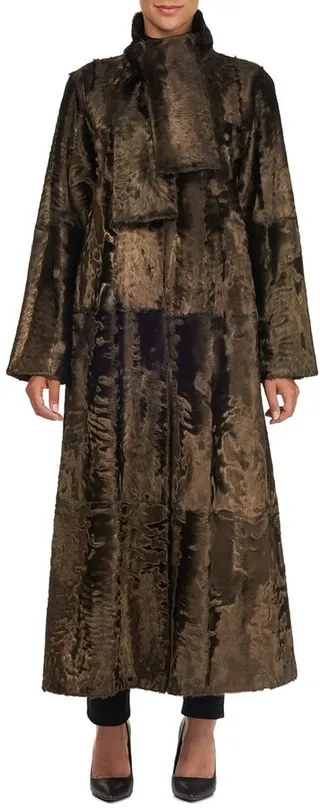 Long Tie-Collar Lamb Fur Coat