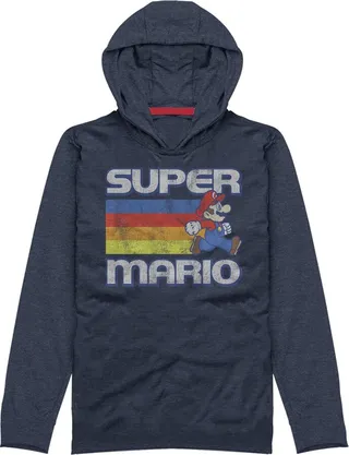 Men's Nintendo Super Mario Rainbow Stripes Pull Over Hoodie - Navy Blue - Small