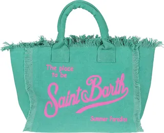 Bag with handles and zip closure Pocket inside Surrounded by fringe and decorated with an embroidered logo Colour: green