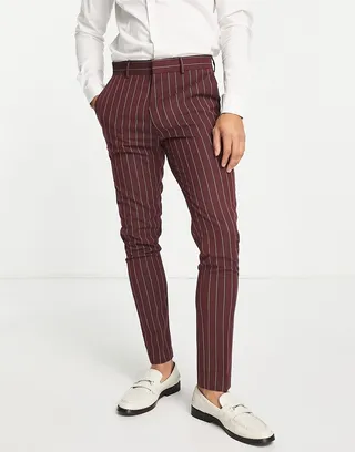 ASOS DESIGN skinny suit pants in burgundy pinstripe