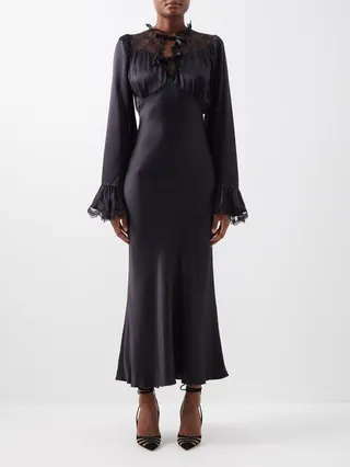 Flared-sleeve Lace-trimmed Silk-satin Dress