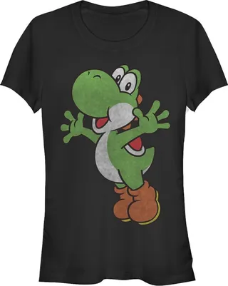 Junior's Nintendo Yoshi Smiling Jumping T-Shirt - Black - 2X Large