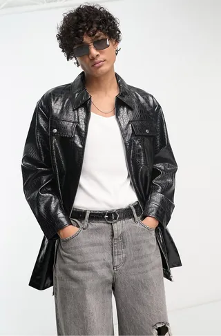 Oversize Snake Embossed Faux Leather Shacket