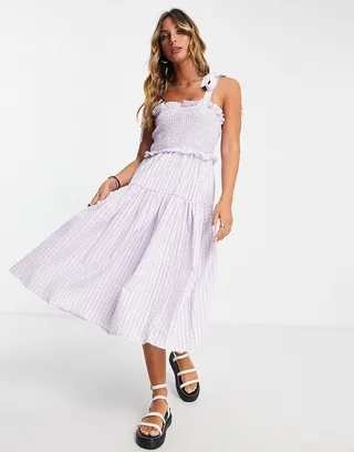 Y.A.S shirred tie strap midi dress in lavender plaid
