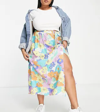 ASOS DESIGN Curve full midi skirt with elastic waist in white base bright floral print