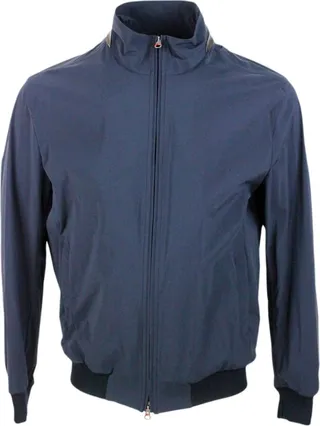 Jacket Histores01 Light Bomber Jacket In Technical Fabric With Standing Collar And Leather Detail On The Collar. Zip Closure