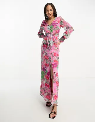Hope & Ivy tie front split maxi dress in pink floral