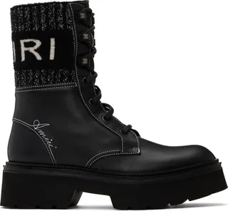 AMIRI Black Knit Logo Collar Combat Boots