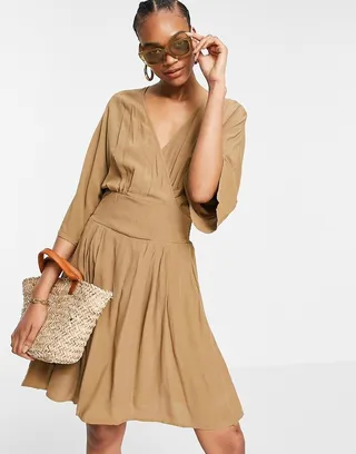 Y.A.S mini wrap dress with kimono sleeves in brown