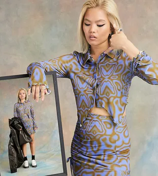 COLLUSION mesh swirl long sleeve top with collar in blue