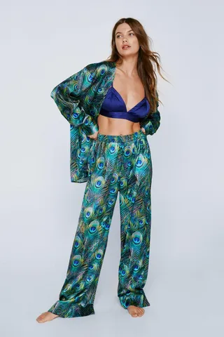 Nasty Gal Womens Satin Peacock Print 3pc Shirt Pants & Bralet Set