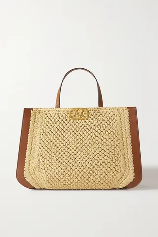 Valentino Garavani - Valentino Garavani Vlogo Faux Raffia And Textured-leather Tote - Neutrals