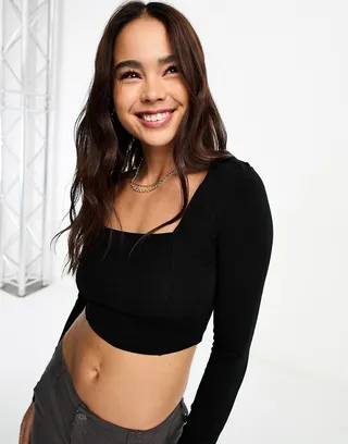 ASOS DESIGN square neck crop top with seam detail in black