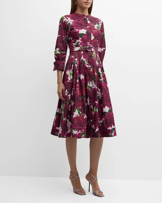 Dahlia Printed Poplin Shirtdress with Belted Waist