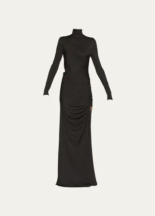 Ruched High-Neck Jersey Gown with Knot Detail