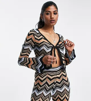 Reclaimed Vintage inspired pointelle tie front cardigan in zig zag - part of a set