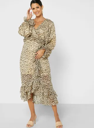 Printed Ruffle Detail Wrap Dress