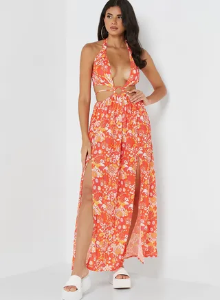 Halter Neck Front Split Printed Dress