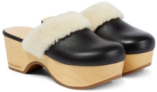 Shearling-trimmed leather clogs