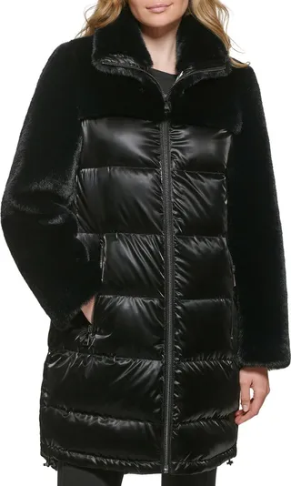 Lacquer Water Resistant Faux Fur Trim Puffer Jacket