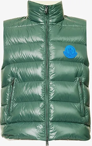Mens Green Brand-patch Funnel-neck Padded Shell-down Gilet