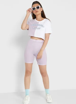 Colourblock Graphic Cropped Tee & Shorts Set